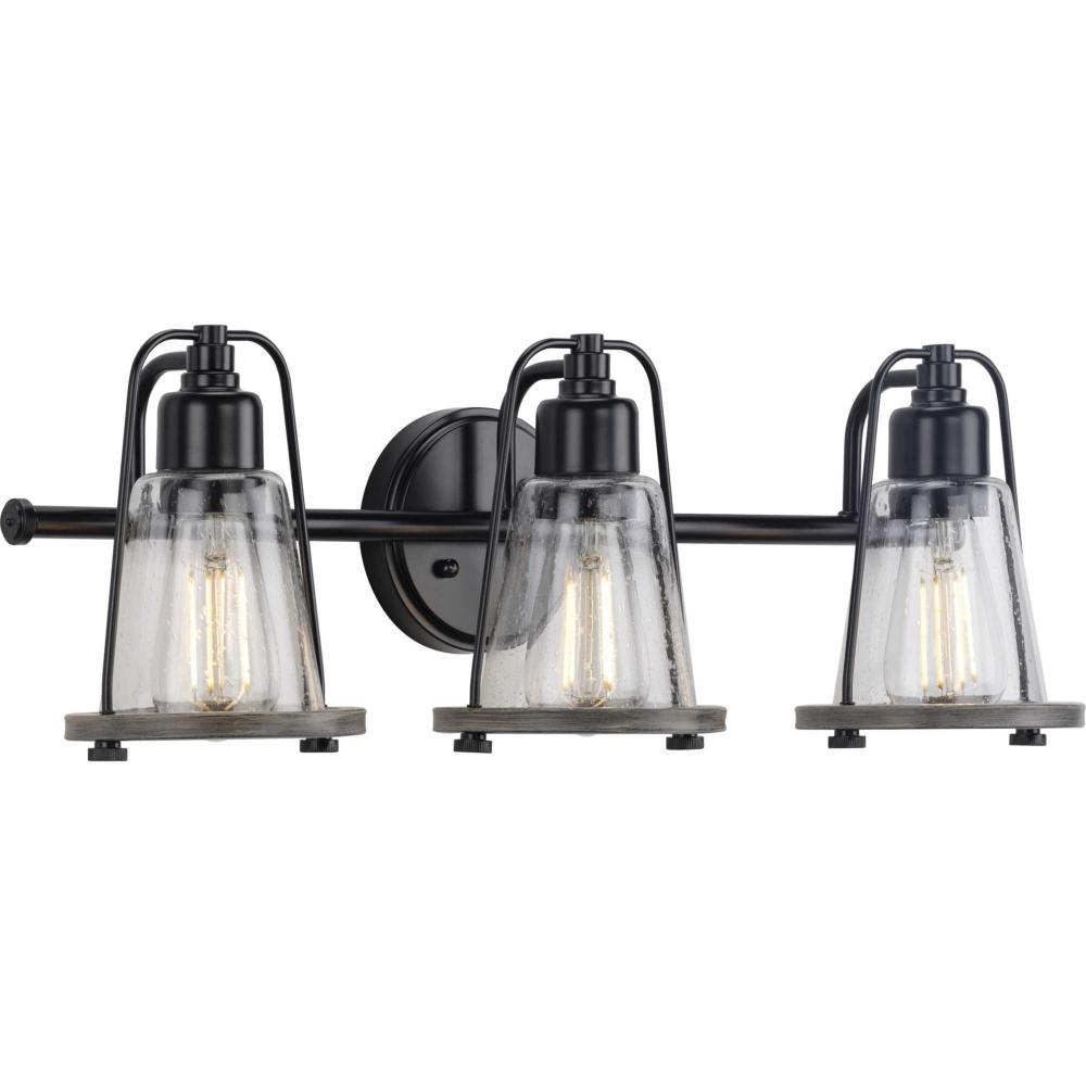 Conway Collection Three-Light Matte Black and Clear Seeded Farmhouse Style Bath Vanity Wall Light